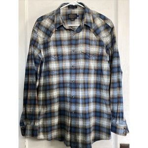 Pendleton Men's Large Thomas Kay Pearl Snap Shirt Western Wear Blue Tan Plaid
